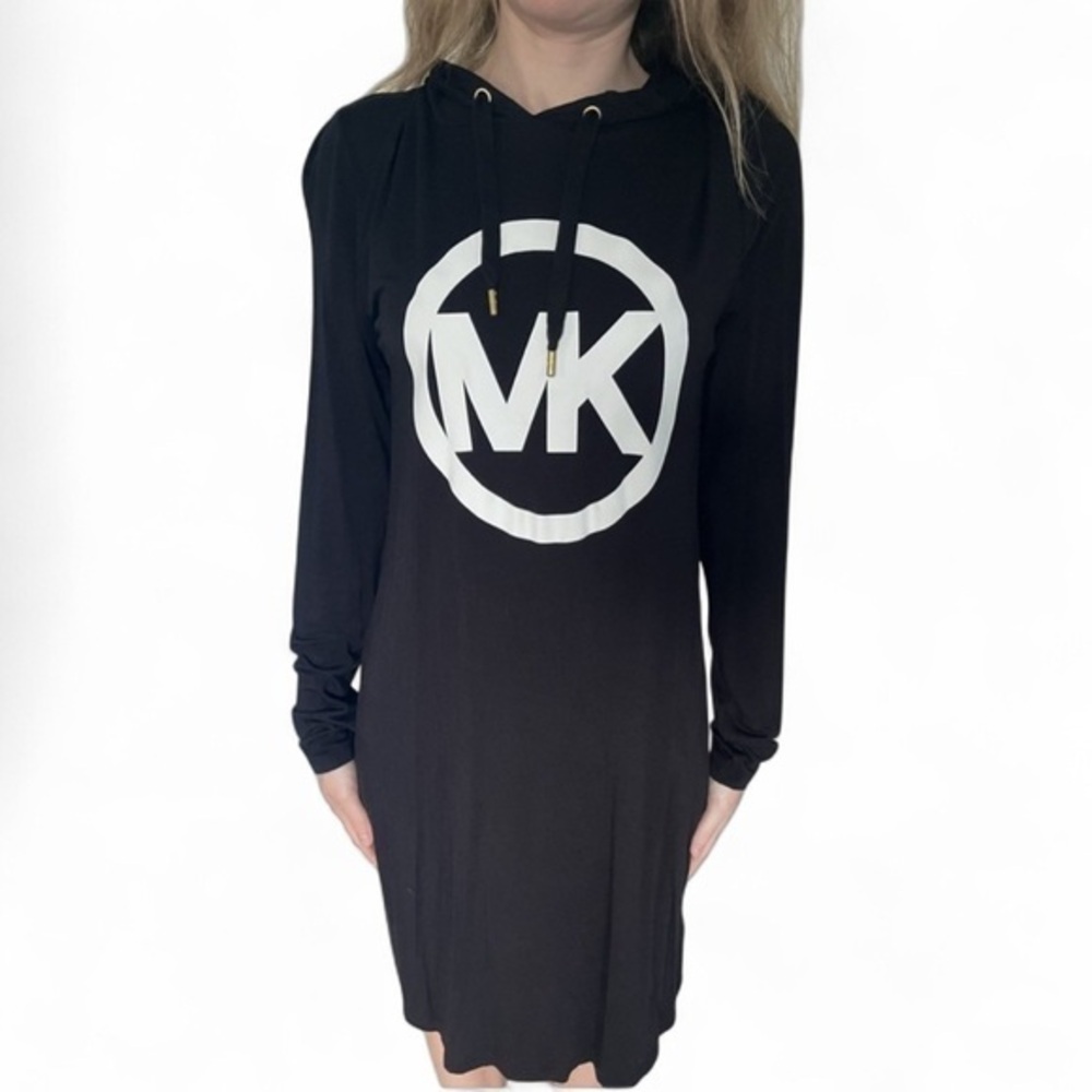 Michael Kors knit circle logo hoodie dress, XS. Black and white. Long sleeve.